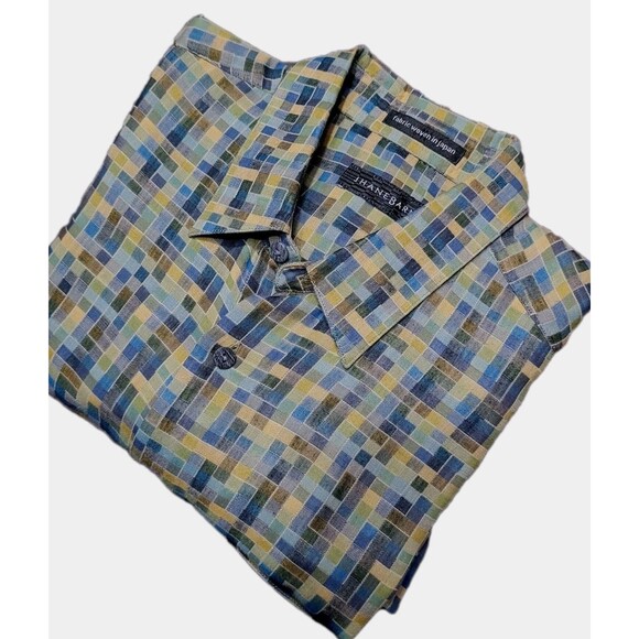 Jhane Barnes Shirt Mens M Green Blue Geometric AOP Lyocell Cotton Blend Shirt - Picture 1 of 13